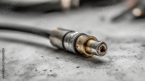Macro view of tv cable splitter on white table in electronics repair workshop, close up of signal distribution device with metal connectors and wiring for home entertainment installation and maintenan