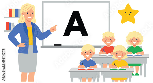 Teacher with blonde hair pointing at letter A on whiteboard with happy children at desks. Elements include books, pencils, stars, and bookshelves, suggesting early education.
