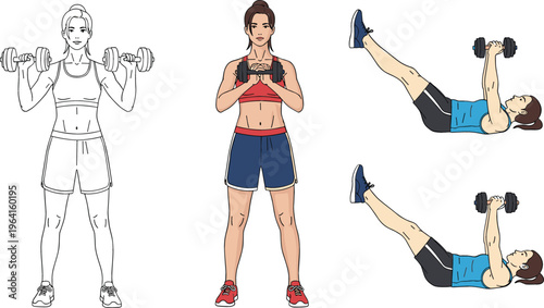 Dumbbell Workout Set Featuring Standing Strength Training and Lying Core Exercise Variations with Female Athlete in Flat Vector Illustration Collection