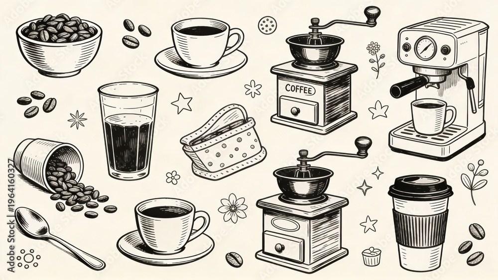 Obraz premium Illustration set of various coffee related items, beverages, and bean elements on cream
