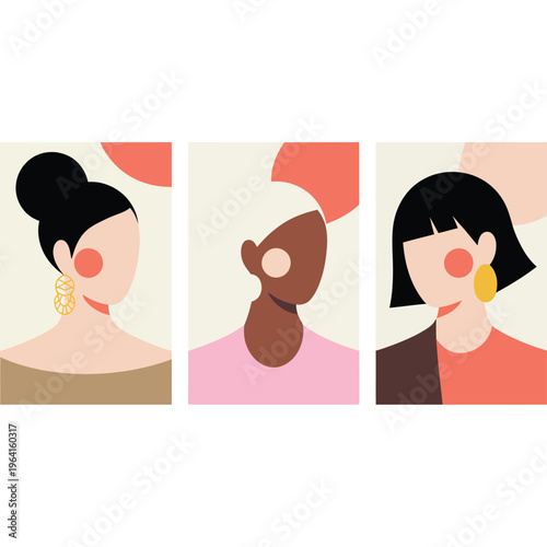 Minimalist triptych of three women in red and black headscarves