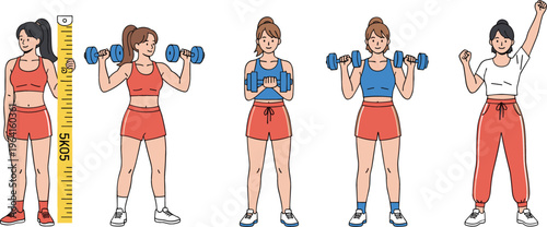 Female Fitness Progress Sequence with Body Measurement and Dumbbell Workout Routine Showing Transformation and Healthy Lifestyle in Flat Vector Illustration Set