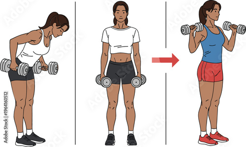Dumbbell Workout Technique Sequence Showing Bent Over Row to Bicep Curl Exercise Progression with Female Athlete in Flat Vector Fitness Illustration