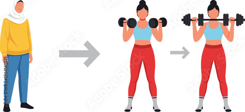 Fitness Transformation Concept Showing Woman Progress from Casual Outfit to Strength Training with Dumbbells in Modern Flat Vector Illustration