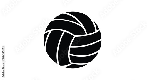 A simple black and white graphic depicts a volleyball with distinct panel lines showcasing its spherical shape high quality professional detailed