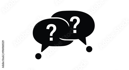Two overlapping speech bubbles are depicted in black each containing a white question mark suggesting inquiry high quality professional detailed modern