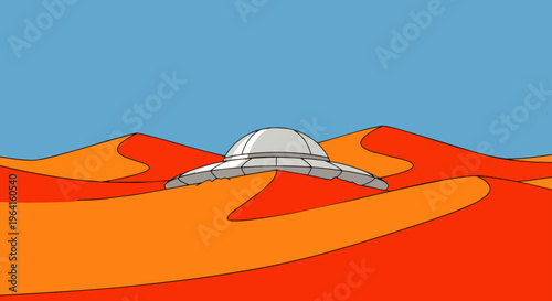 a sci-fi cartoon illustration of a ufo flying saucer crashed in an orange desert landscape with sand dunes under a blue sky.