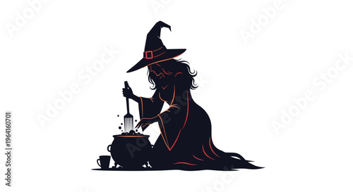 Black silhouette of a witch with a pointed hat stirring a bubbling cauldron for Halloween and spooky fantasy themes.