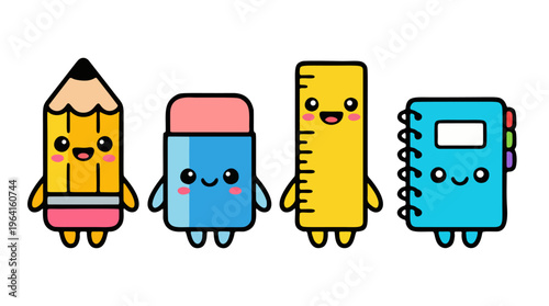 Set of four cute colored chibi school supply friend monsters
