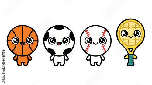 Set of four cute colored chibi sports equipment friend monsters