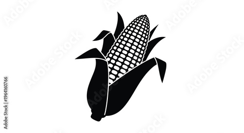 A stylized black and white illustration depicts a single ear of corn with green husks partially peeled back high quality professional