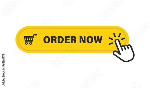 Order now yellow web button with cart graphic and click icon for food delivery and product sales