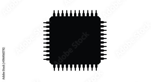 A stark black silhouette of a rectangular integrated circuit chip with numerous pins isolated on white high quality professional detailed modern