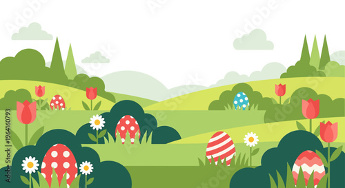 easter egg hunt scene with colorful eggs hidden in a vibrant green spring landscape among blooming flowers and bushes for holiday fun.