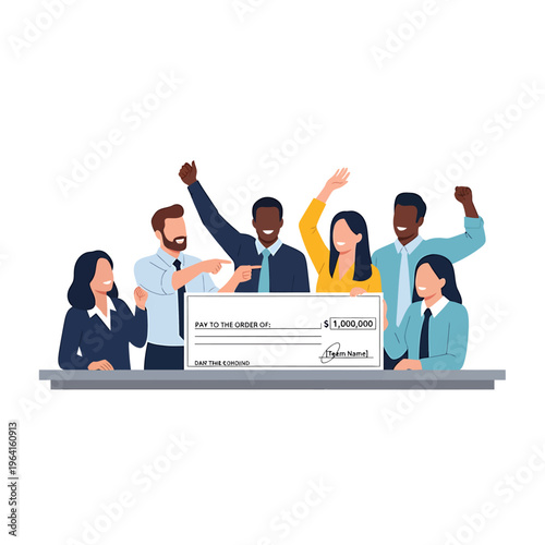 diverse team celebrates winning a million dollars holding a huge check for 1000000 symbolizing financial success and teamwork.