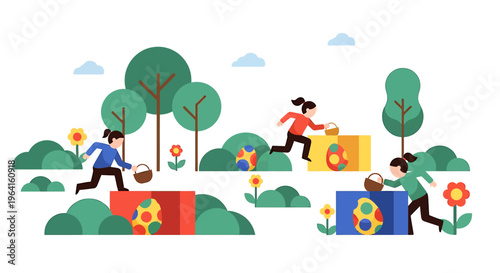 easter egg hunt with happy children running and collecting colorful eggs in a bright outdoor park scene