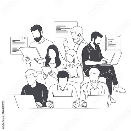 diverse team of professional developers and colleagues actively collaborating on digital projects in a modern tech environment