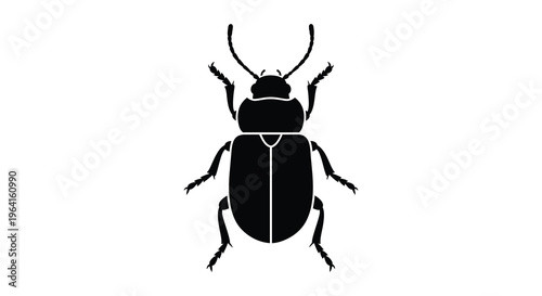 A stark black silhouette depicts a beetle showcasing its segmented body antennae and six spindly legs prominently high quality professional detailed
