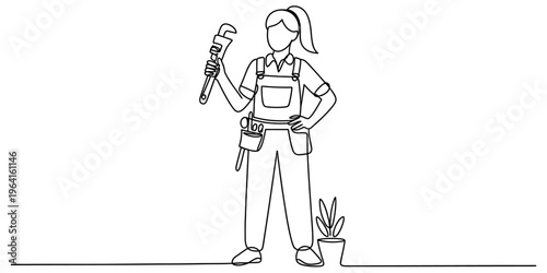 A single continuous line drawing of a female plumber holding a large metal pipe wrench in her hand