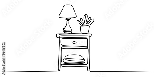 A minimalist single line drawing of a bedside table with a lamp and a small potted plant on top