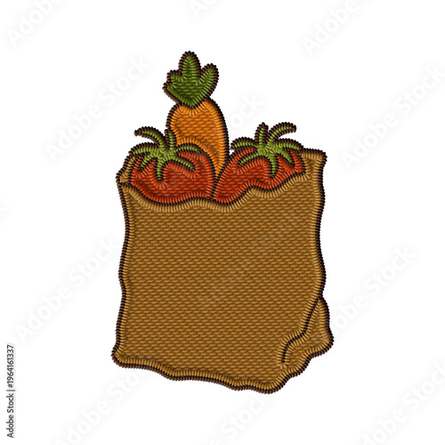 Detailed embroidery style illustration of fresh vegetables in a brown paper bag. Stitched texture effect. Perfect for recipes, cooking, and food themes. Vintage rustic design