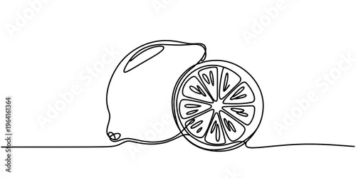 A single continuous line drawing featuring a whole lemon and a sliced citrus fruit cross section