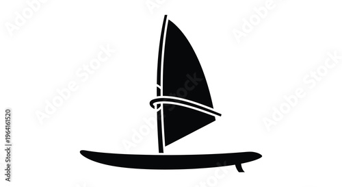 A minimalist black silhouette depicts a windsurfing sailboard gliding across the water showcasing a dynamic sport high quality professional detailed modern