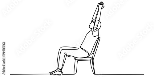A single line drawing of a person sitting on a chair and stretching their arms towards the sky.