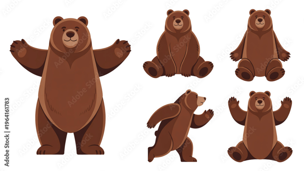 Fototapeta premium Four brown teddy bears in playful poses on a flat surface Vector