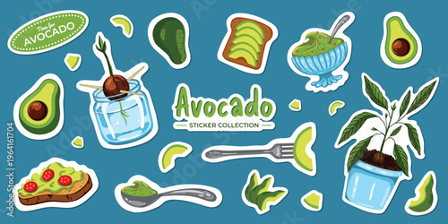 Avocado Sticker Collection with Toast, Guacamole, Seed Growing and Plant Vector Set