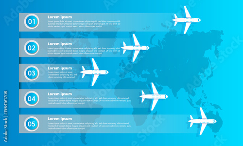 Five steps vertical infographic design on world map with aeroplane | Business progress or process presentation using diagram | Presentation template for education, business, organization, company 