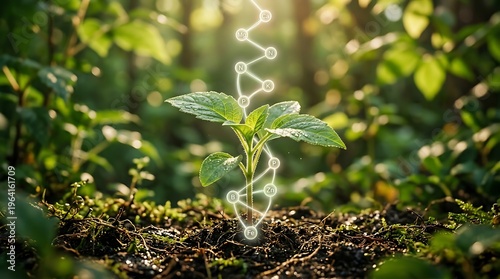 Young plant growing in rich soil with digital chemical structure overlay representing plant nutrients and growth