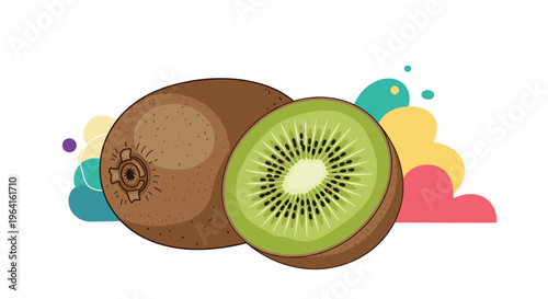 Detailed illustration of a whole kiwi fruit and a cross-section slice featuring black seeds against a vibrant abstract background with clouds and dots.