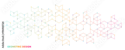 Abstract geometric 3D cube structure with connected lines and dots on white background. Concept of digital technology, blockchain, data visualization, architecture, innovation and modern design