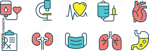 Illustrations of various medical and healthcare procedures and organs