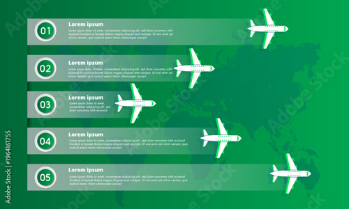 Modern five step vertical world map infographic with aeroplane showcasing business progress or process for education organization and professional company presentation templates