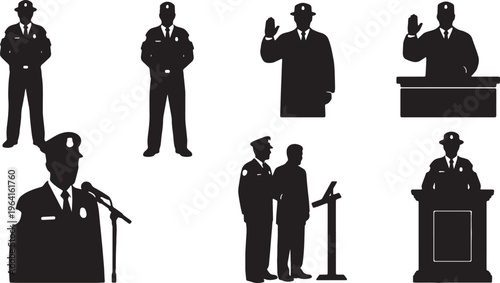 Tableau sur toile Black Solid Courtroom Bailiff Officer Silhouettes Set of Six on White Background