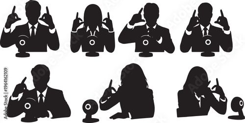 Black Solid Business Partners Hand Gesture Webcam Silhouettes Set of Six on White Background