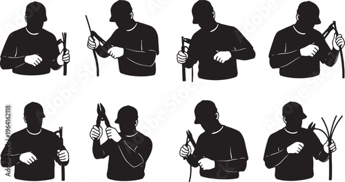 Black Solid Electricians Stripping Wires Pliers Silhouettes Set of Six on White Background
