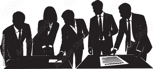 Black Solid Business Partners Signing Agreement Silhouettes Set of Six on White Background
