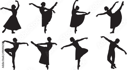 Black Solid Elegant Ballet Dancer Silhouettes Set of Six on White Background