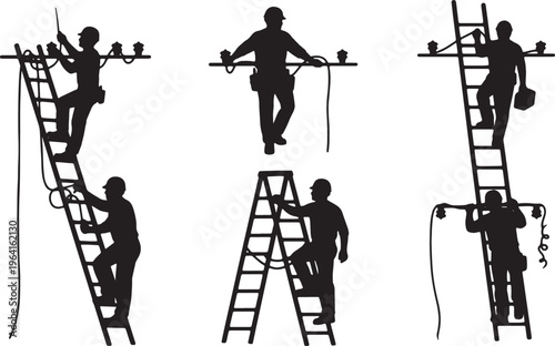 Black Solid Electrician Wiring Expert Silhouettes Set of Six on White Background