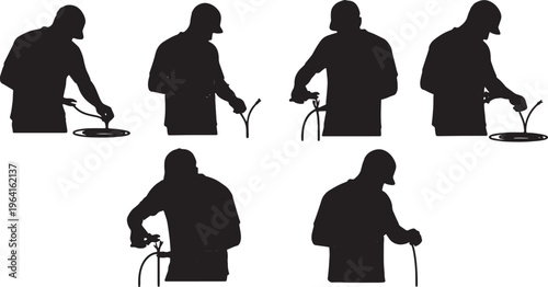 Black Solid Electricians Stripping Wires Pliers Silhouettes Set of Six on White Background