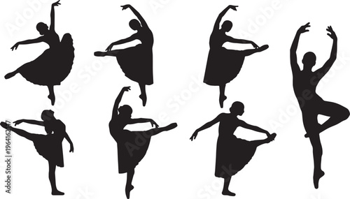 Black Solid Elegant Ballet Dancer Silhouettes Set of Six on White Background