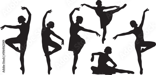 Black Solid Elegant Ballet Dancer Silhouettes Set of Six on White Background