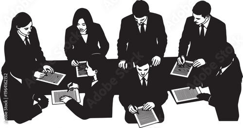 Black Solid Business Partners Signing Agreement Silhouettes Set of Six on White Background