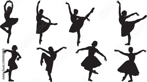 Black Solid Elegant Ballet Dancer Silhouettes Set of Six on White Background