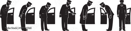 Black Solid Elegant Chauffeurs Opening Door Silhouettes Set of Six on White Background