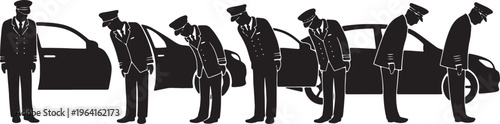 Black Solid Elegant Chauffeurs Opening Door Silhouettes Set of Six on White Background