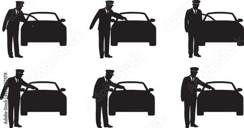 Black Solid Elegant Chauffeurs Opening Door Silhouettes Set of Six on White Background